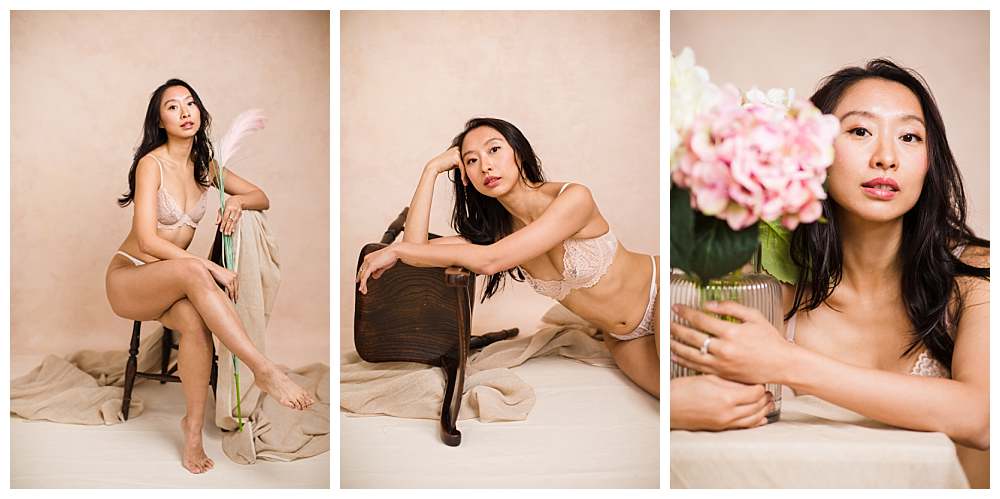 photographer-of-women-london-chinese-girl-in-boudoir-photoshoot-leaning-on-chair-holding-flowers