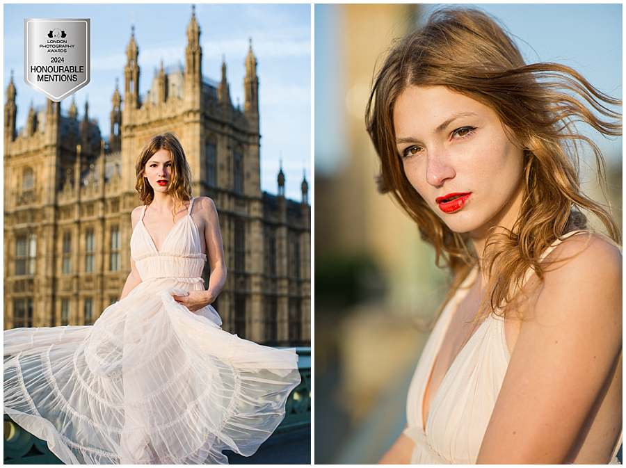 Young Woman in a flowing white dress posing on Westminster Bridge with the Houses of Parliament in the background as London photoshoot location, one of the images being awarded with Honourable Mention