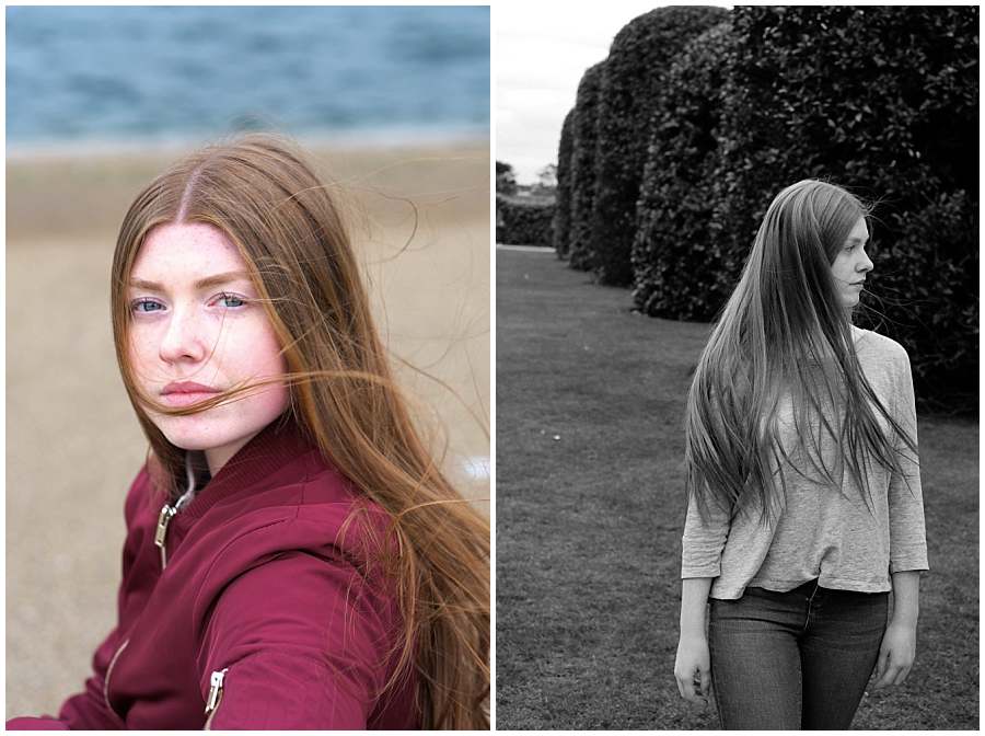 Young woman with long red hair photographed in Hyde Park with lake and garden backdrops