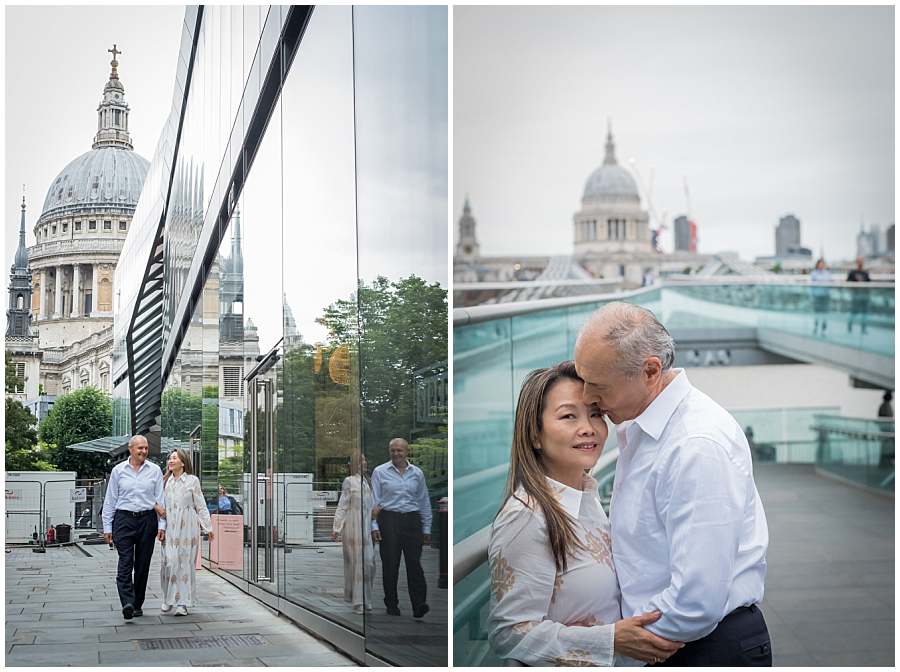 Couple walking and embracing near St. Paul’s Cathedral and in front of Millennium Bridge, those being favoured London photoshoot locations