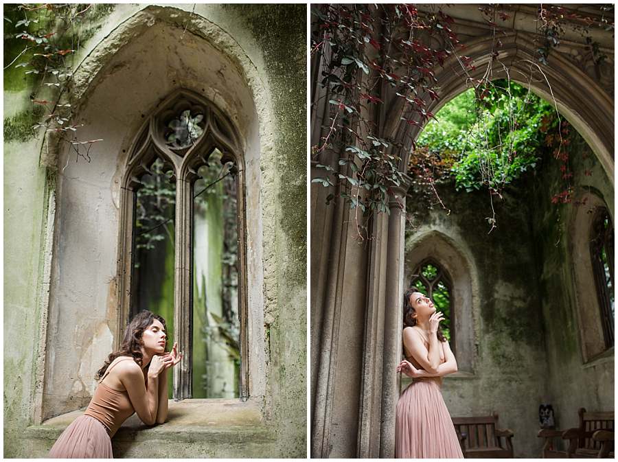 Woman in a flowing skirt posing in the overgrown gothic ruins of St Dunstan in the East, one of the most romantic London photoshoot spots