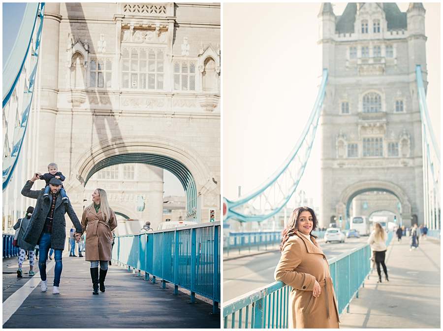A family and a woman posing separately on Tower Bridge in London