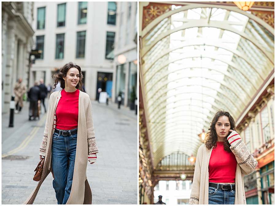 Woman in casual-chic outfit walking outdoors and posing under the glass ceiling of Leadenhall Market